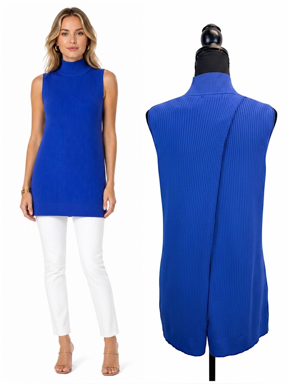 Tyler Boe Blue Ribbed Tunic Sweater Sleeveless Mock Neck Open Back M NWT